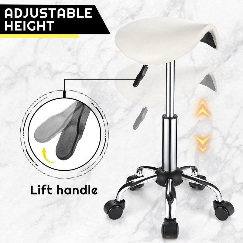 FNZIR Saddle Rolling Stool with Wheels PU Leather Height Adjustable Swivel Stools Chair White