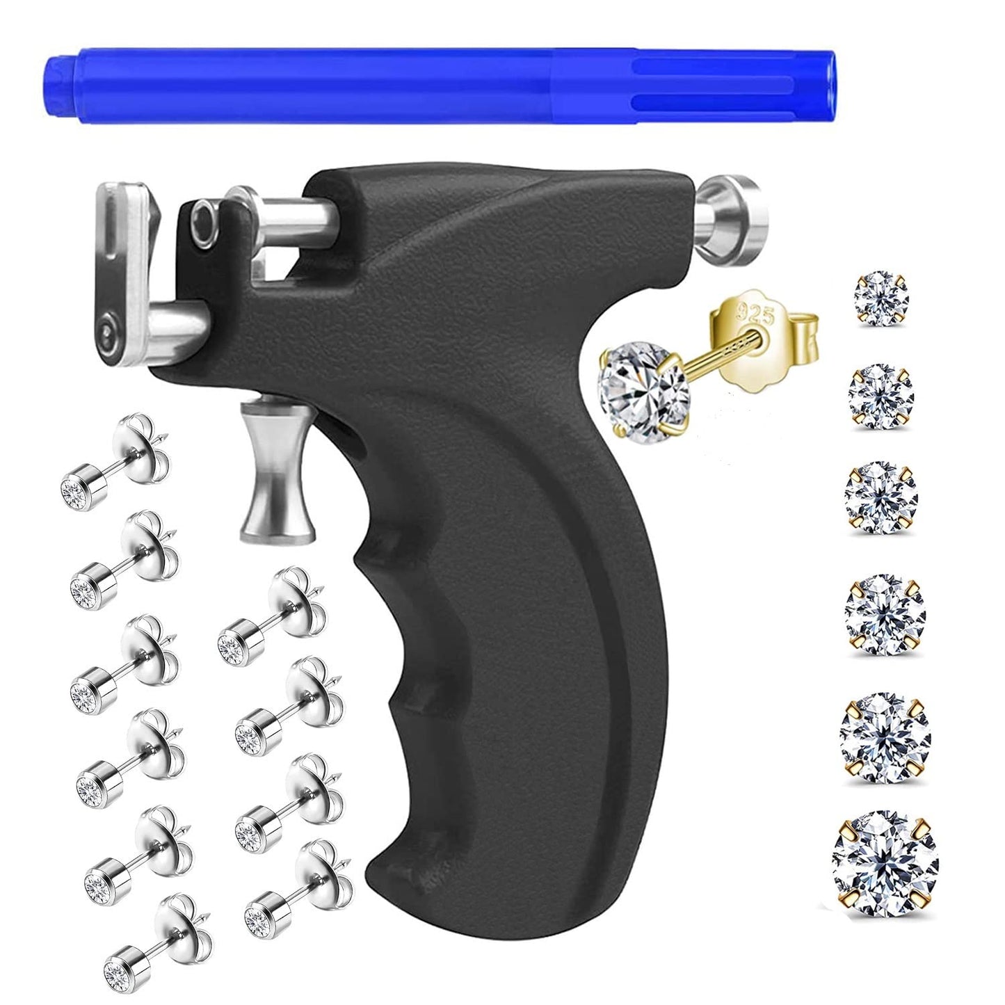 kamija Professional Ear Piercing Gun Kit with 6 Pairs S925 Sterling Silver Earrings (18K Yellow Gold Plated)+10 Pairs 316L Surgical Stainless Steel Gun Stud Earrings
