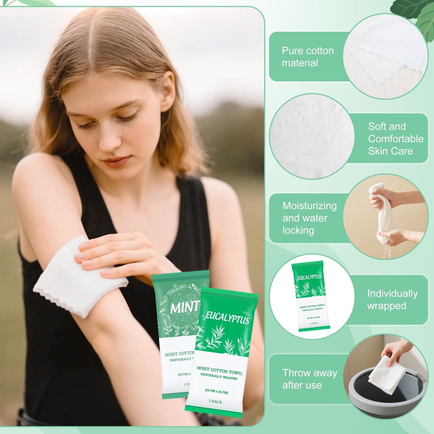 Moist Towelettes, Disposable Pre Moistened Towels Individually Wrapped, Soft Portable Face & Body Wet Towels for Travel Hotel Sport Camping Spa 9.8 inch (Pack of 100, Mint & Eucalyptus Leaf)