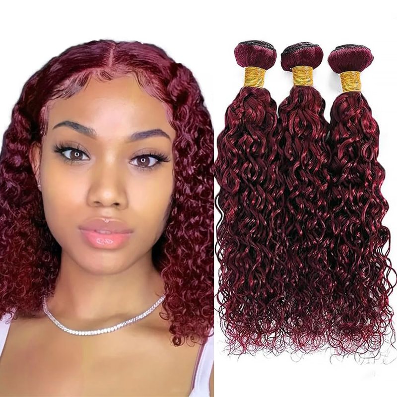 Water Wave Human Hair Bundles - 12A Unprocessed Virgin Hair | Burgundy 14-18 Inch Extensions