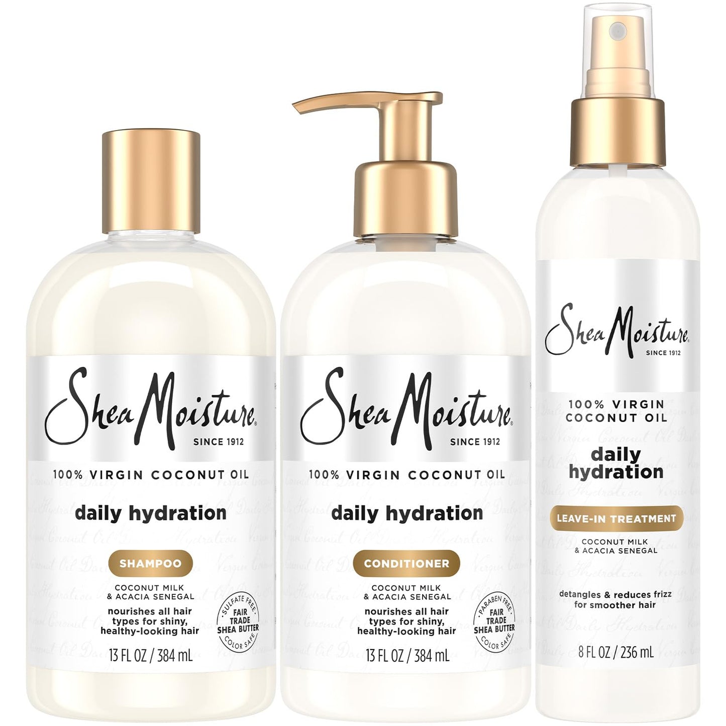 SheaMoisture Shampoo & Conditioner + Leave-in Treatment, Daily Hydration with Coconut Oil, Hair Detangler, Frizz Control, Cruelty-Free (3 Piece Set)