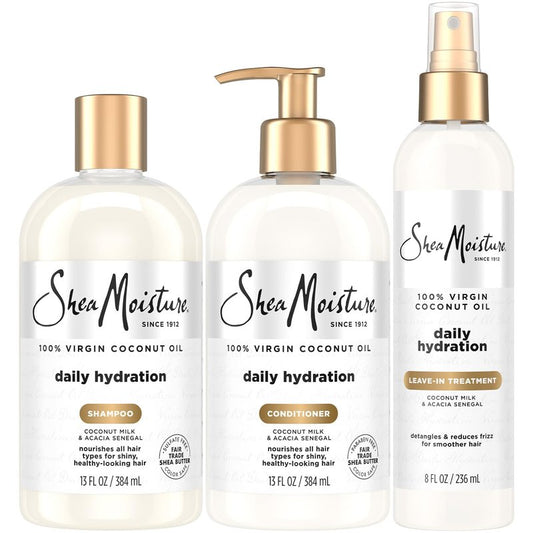 SheaMoisture Shampoo & Conditioner + Leave-in Treatment, Daily Hydration with Coconut Oil, Hair Detangler, Frizz Control, Cruelty-Free (3 Piece Set)