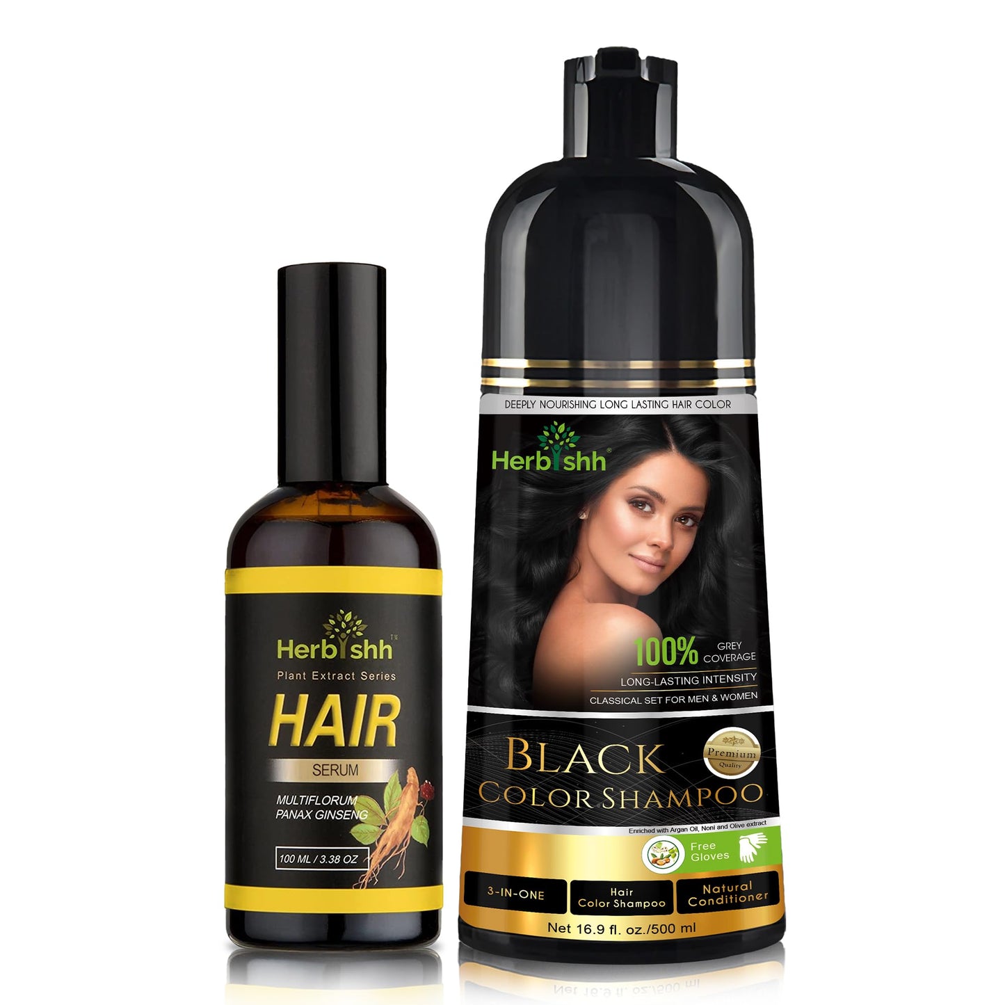 Herbishh Hair Color Shampoo for Gray, 500 ML - Black with Vitalizer Serum, Strengthener, Thickening for Thinning , Repairs Follicles, Promotes Healthier