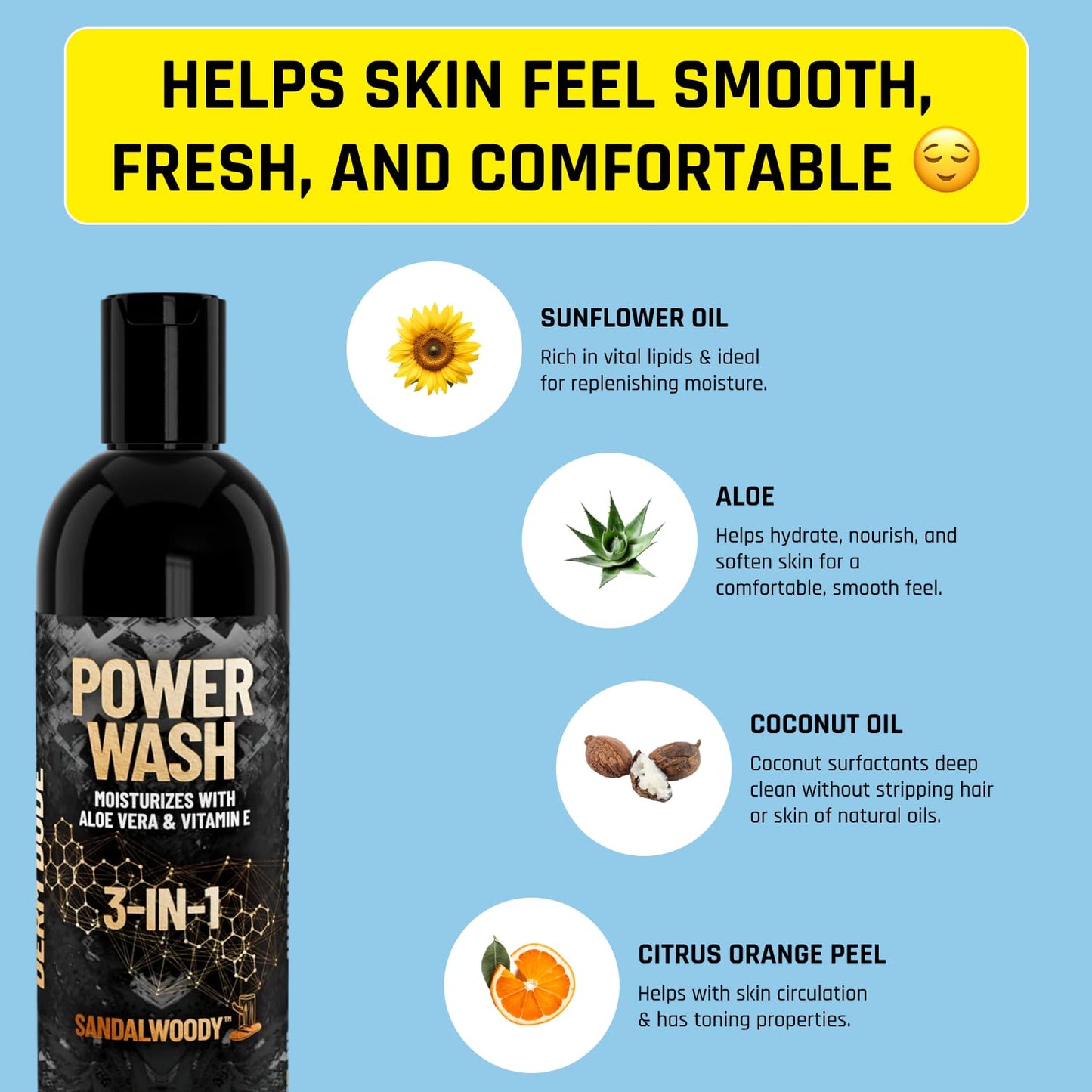 Derm Dude 3-in-1 Body Wash for Men - Hydrating Shower Gel with Aloe Vera & Vitamin E | 8oz SandalWoody Scent