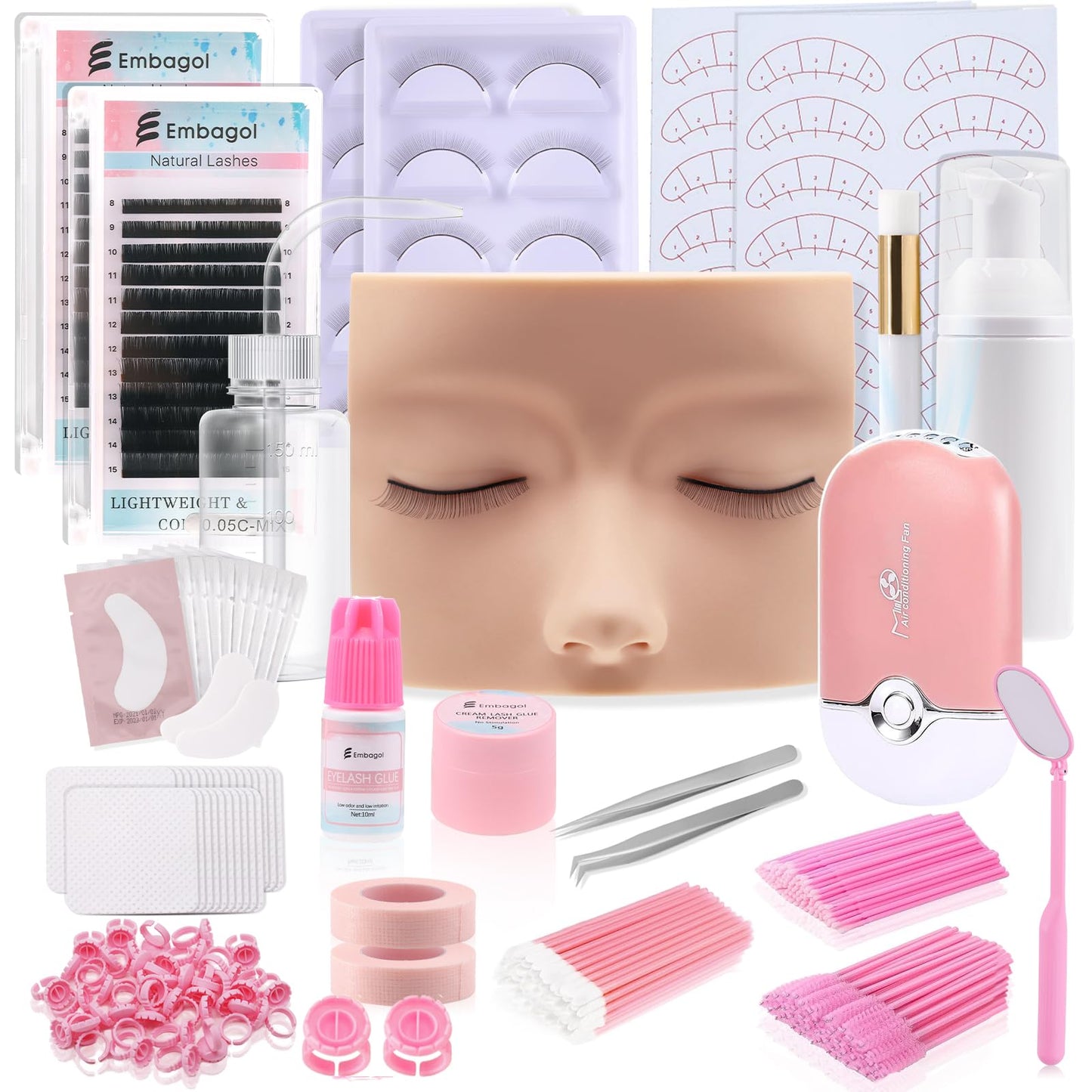 Embagol Lash Extension Practice Kit, Eyelash Extension Training Kit for Beginners, Professional Eyelash Mannequin Head Set with Lash Fan, Lash Shampoo, Lash Adhesive, Glue Rings and Lash Mirror