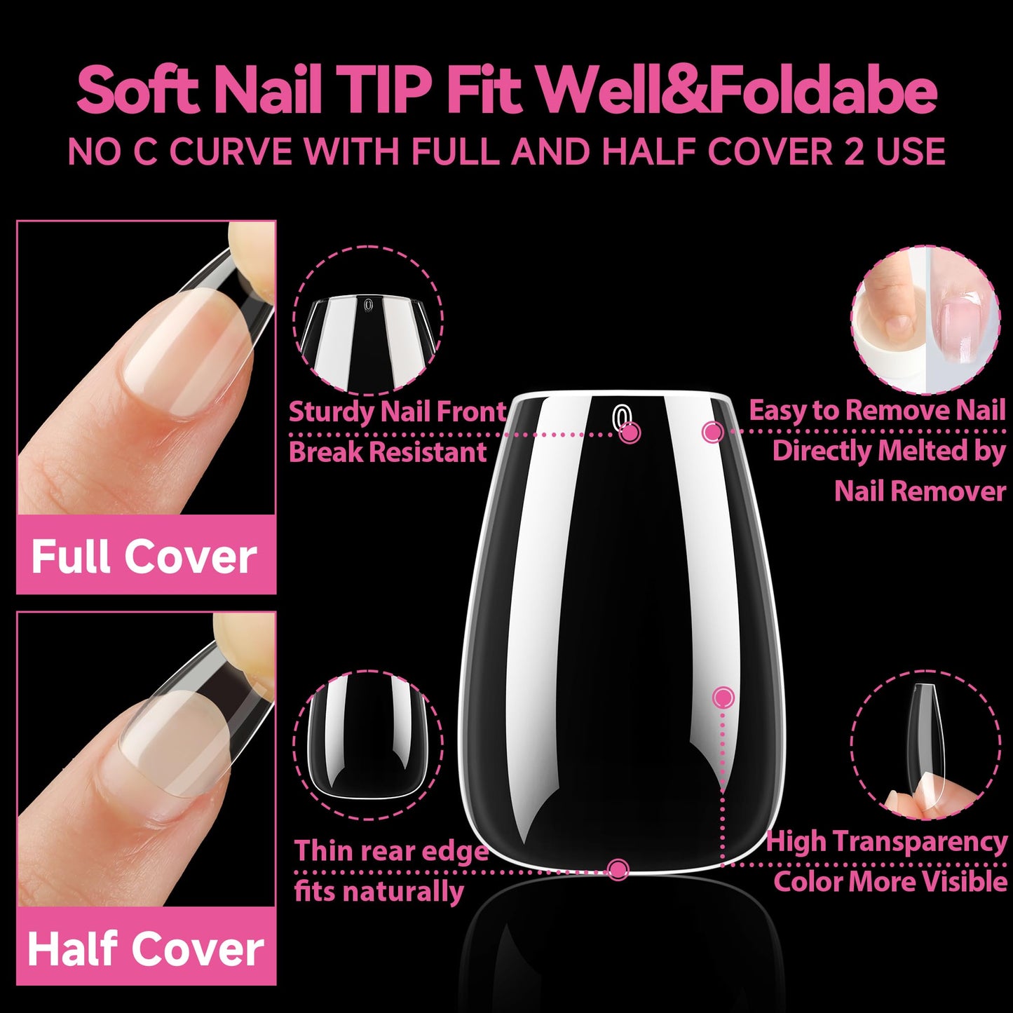 UNA GELLA Short Coffin Nail Tips 216pcs Short Coffin Gel Nail Tips 12 Sizes Full Cover Soft Gel Clear Fake Nails Extension for Home DIY Salon