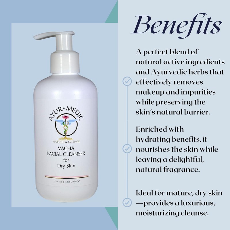 Ayur-Medic Vacha Facial Cleanser – Rich Cleansing Milk for Dry, Sensitive Skin, Gently Removes Makeup, Dirt, Oil, and Impurities. Hydrates, Soothes, and Nourishes for Smooth, Radiant Skin, 8 oz