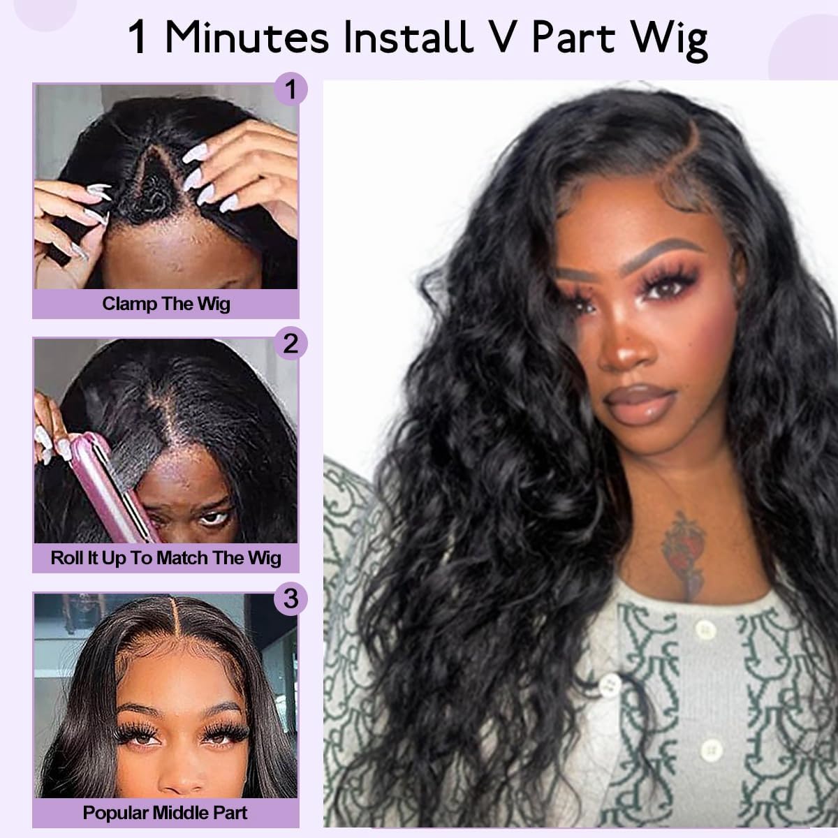 Curly V Part Wig Water Wave No Leave Out V Part Wigs Full Head Clip In Upgrade U Part Glueless Half Wigs for Black Women Premium Fiber & Remy Human Hair Blended (Black2.0, 18 Inch)