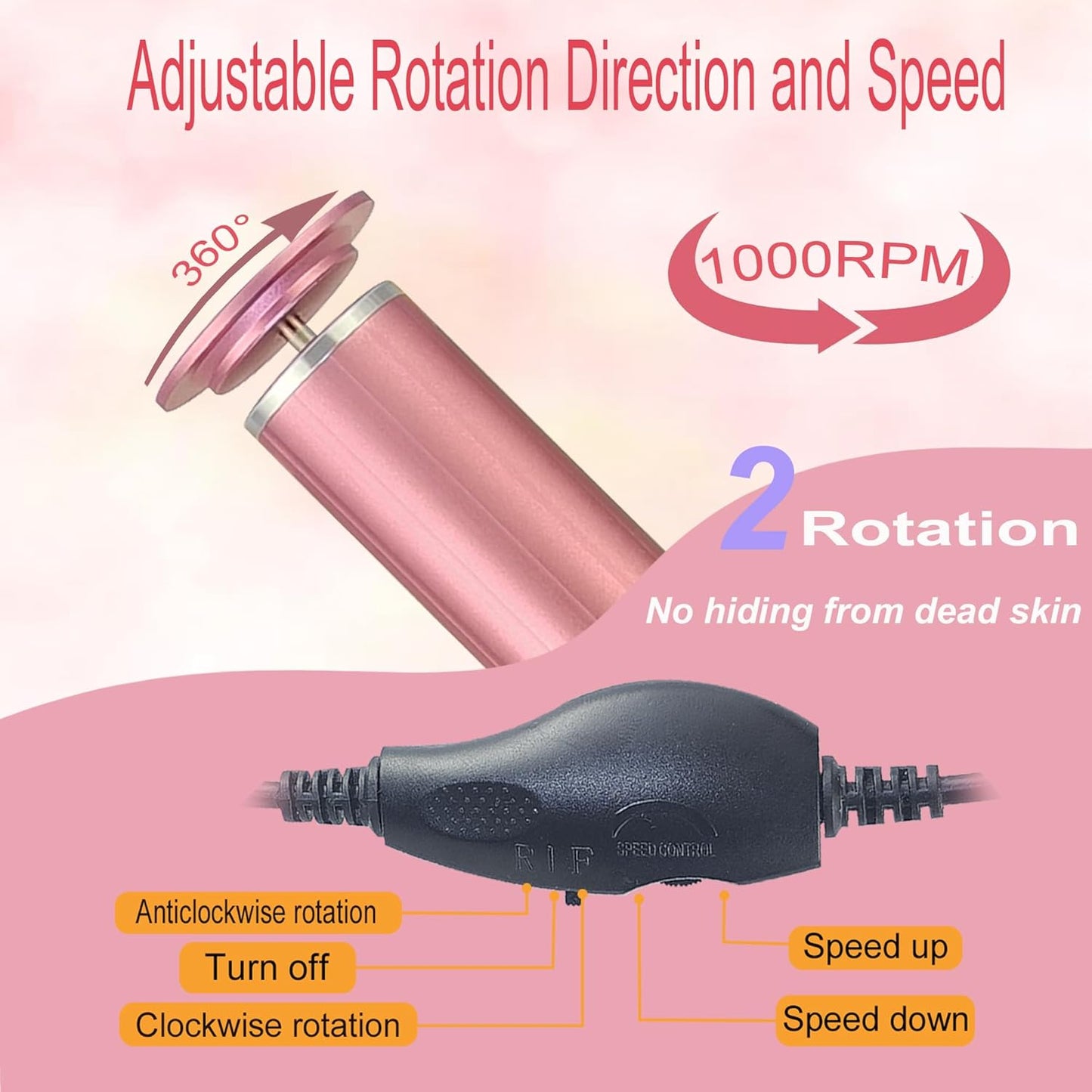 Electric Callus Remover - USB Powered Foot File with Speed Controller & 60 Replacement Sandpaper Disks | Pink
