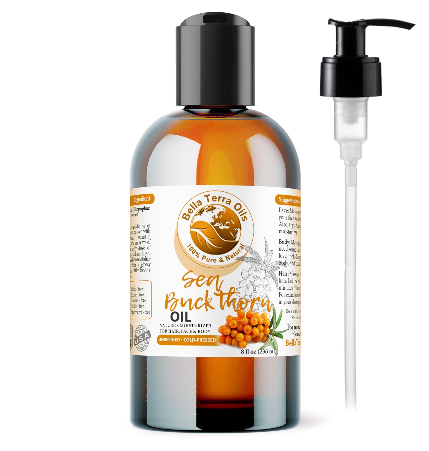 Bella Terra Oils - Natural Sea Buckthorn Oil 8oz - Cold-Pressed Treasure, Bursting with Omega-3 & Omega-6, A Radiant Glow in Every Bottle
