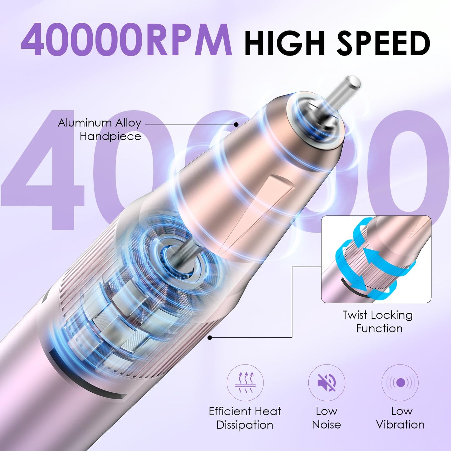 HOMEASY Electric Nail Drill, 40000RPM Professional E-Filer Rechargeable with 15 Drill Bits, Portable Nail File Electric Nail Filer for Acrylic Nails Gel Polishing Removing for Salon Home (Purple)