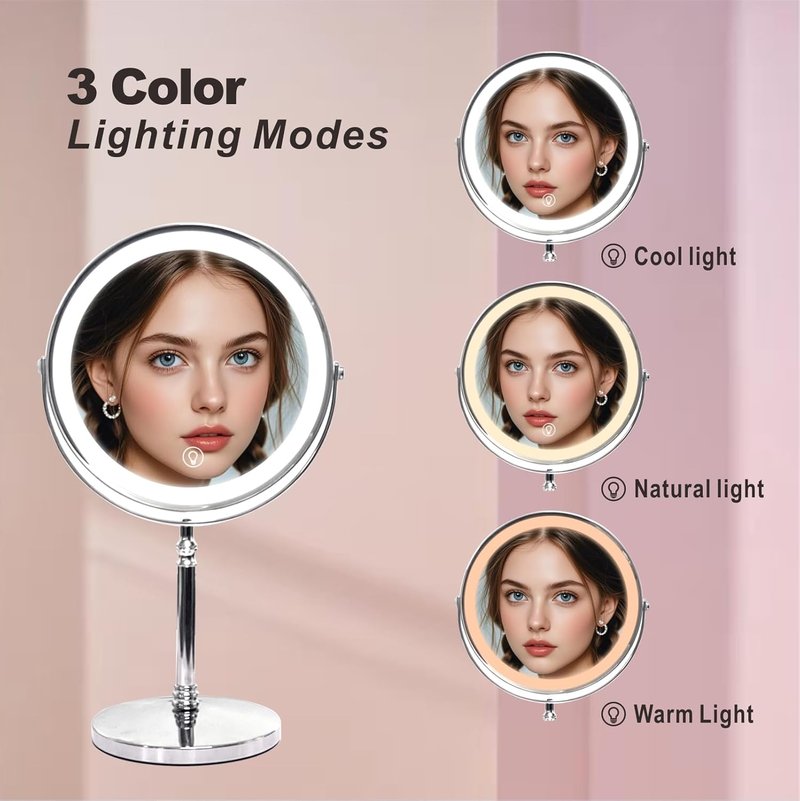 Makeup Mirror with Lights - 8 Inch 1X/10X Double-Sided Magnifying | 360° Rotation, Adjustable Brightness, 3 Colors