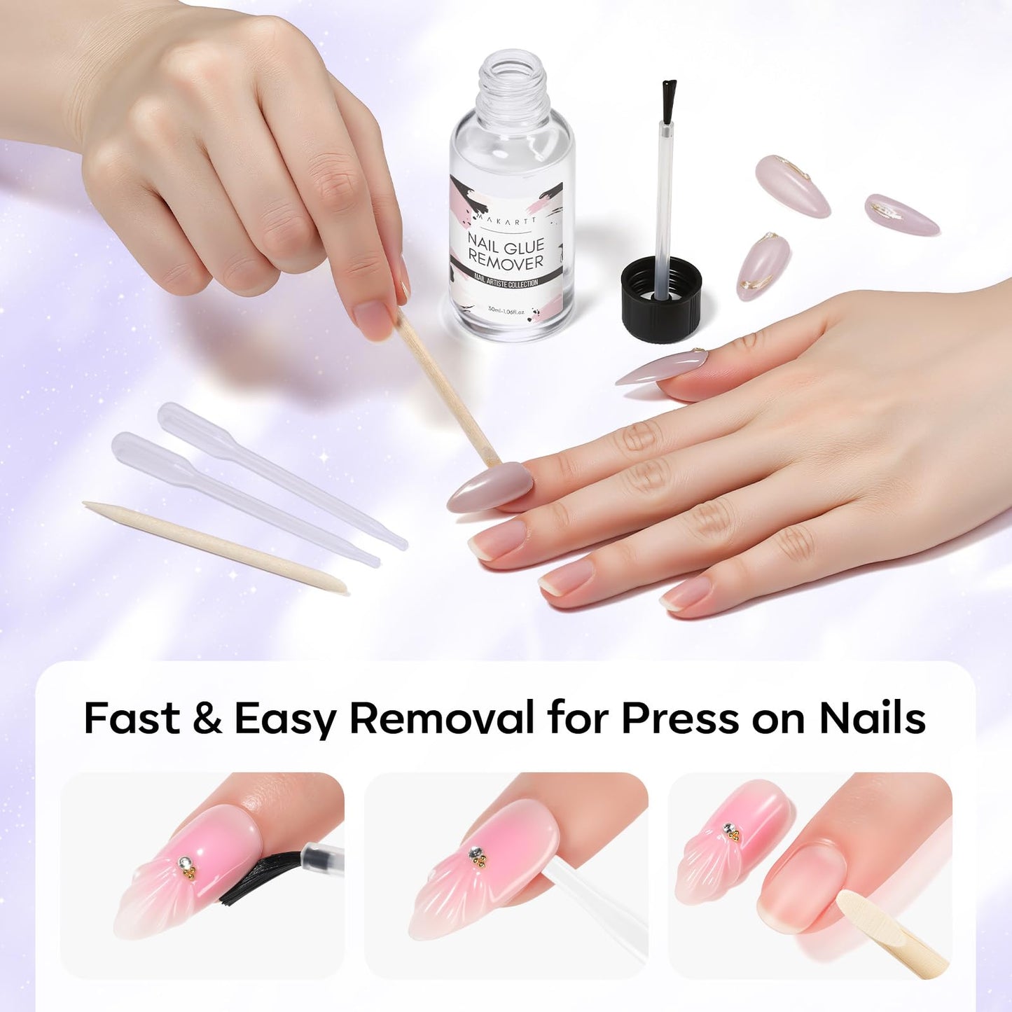 Makartt Nail Glue Remover for Press on Nails - 30ML Hema-free, Glueoff Easy Removal Versatile Debonder for Glue on Tips, Regular Polish, Quick Glues and Semi-Cured Sticker DIY Manicure Supply