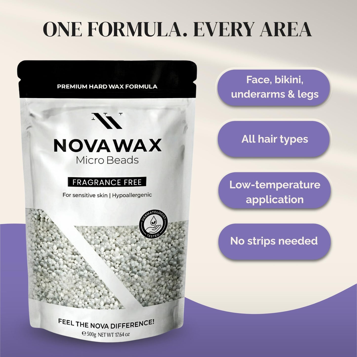 NOVA Wax 500g (1lb) Hard Wax Beads – Scented & Unscented Options – Painless Hair Removal for Brazilian, Bikini, Face, Legs, Underarm, Back & Chest (500g, Floral Scented)