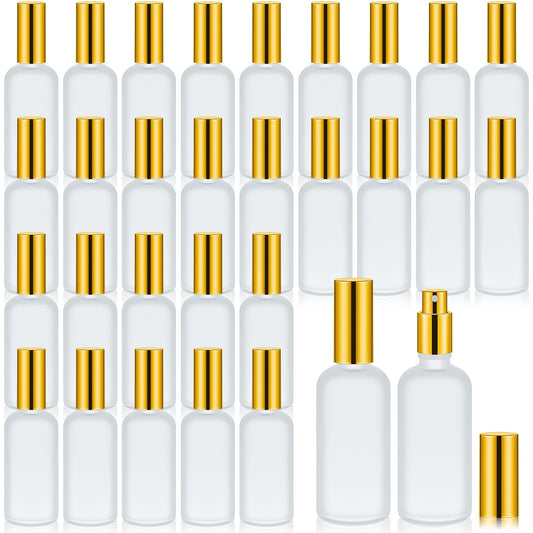 Roshtia 30 Pcs Glass Spray Bottle Clear Empty Bottles Small Refillable Reusable Perfume Bottle with Fine Mist Sprayer Pump for Face Body Travel(3.4 oz,Gold)