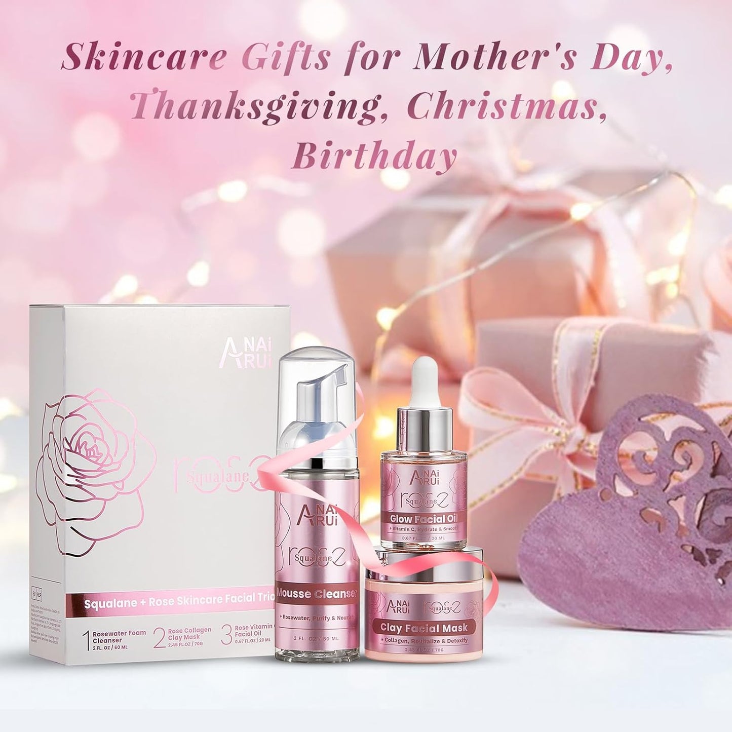Hydrating Rose Skincare Gift Set - Purifying Facial Kit with Squalane, Clay Mask & Oil | Perfect Holiday Gift for Women