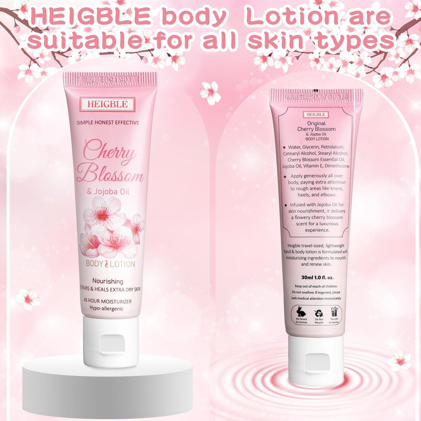 Heigble 50 Pack Travel Size Body Lotion 1 oz Body Lotion Dry Skin Moisturizer with Flip Cap for Extra Dry Skin, Hotels, Airlines, Offices, Gyms(Cherry Blossom and Jojoba Oil)