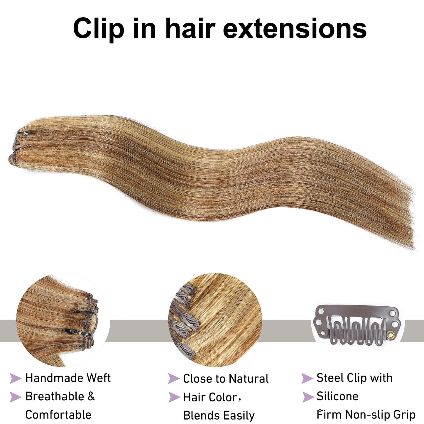 Clip in Hair Extensions Real Human Hair Chocolate Brown to Caramel Blonde 14 inch 7pcs 70g/Pack, Human Hair Clip in Extensions, Salon-Grade Quality, Easy Comfort Wear for Women (#P4/27, 14 inch)
