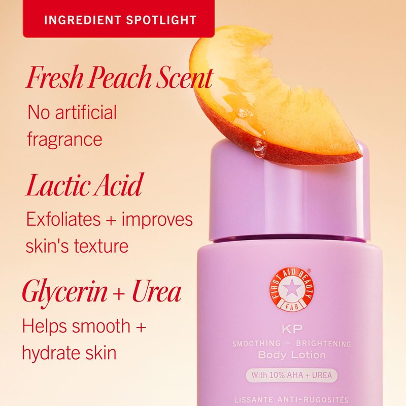 First Aid Beauty KP Smoothing + Brightening Body Lotion, 10% AHA with Lactic Acid, Urea & Colloidal Oatmeal, Exfoliate & Moisturize Keratosis Pilaris Bumps, Peach Scent, 6.7 fl oz