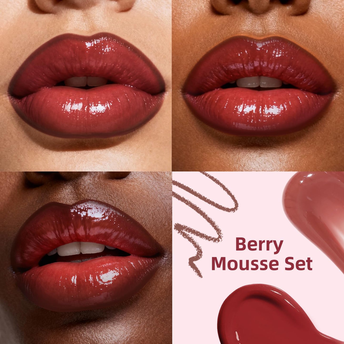 KIMUSE 3 Pack Lip Combo Set, 3-Step Plumping Korean Lip Kit, Waterproof Long-Lasting Satin Finish Lip Makeup Kit, Non-Sticky Lightweight Formula for Plump Hydrated Lips, Gift Ready (Berry Mousse Set)