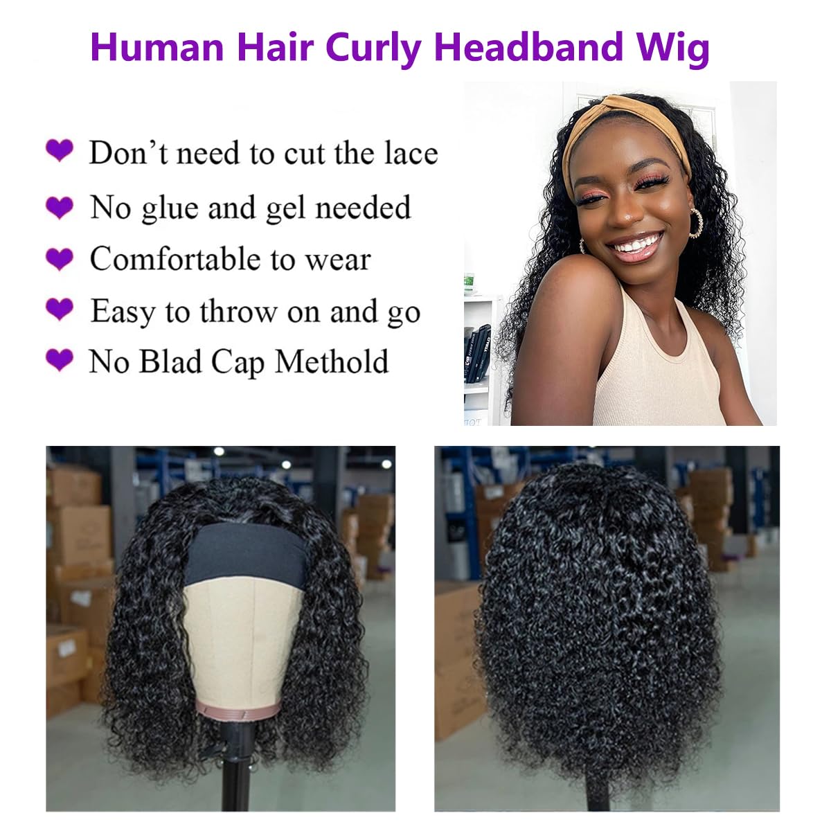 Feelgrace Short Headband Wigs Human Hair Water Wave Wig for Women, Glueless Curly Weave Wigs 100% Unprocessed Hair None Lace Front Wigs 150% Density Brazilian Hair Natural Black Headband Wig 14 Inch