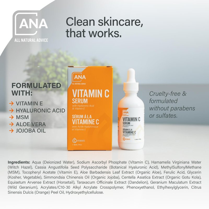 All Natural Advice Vitamin C Serum 60mL | 20% Vitamin C Face Serum Solution with Organic Botanicals, Hyaluronic Acid & Vitamin E | UV-Shielding Glass Bottle, Spray & Dropper | Canadian Skin Care