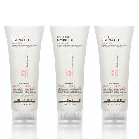 GIOVANNI La Hold Styling Gel - Hair Gel for Men & Women, Strong Hold Hair Gel in Bulk for Curly, Straight & Wavy Hair, Control Super Hold Slick Gel - 6.8 Fl Oz (Pack of 3)