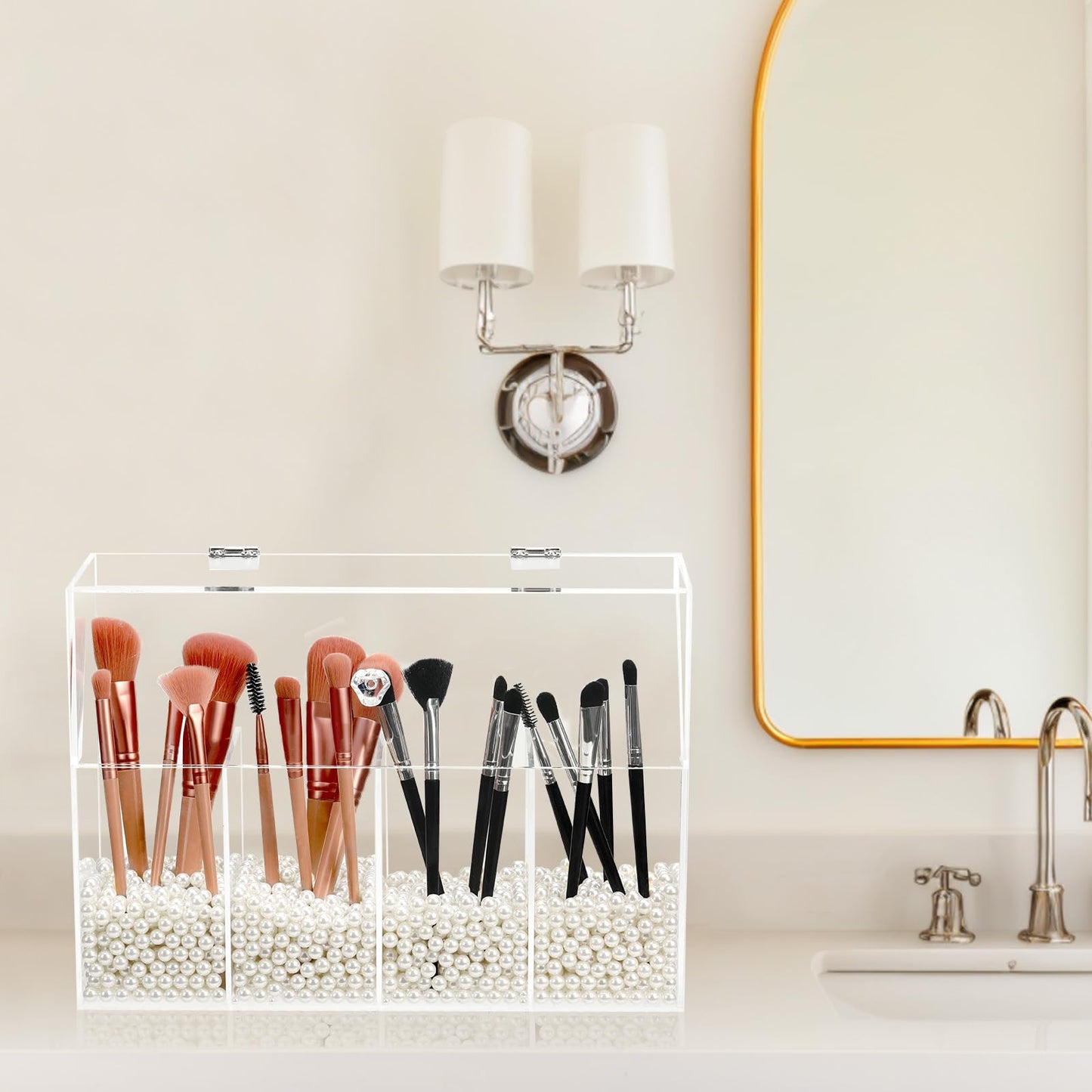 Vevitts Acrylic Makeup Organizer, Clear Cosmetic Brush Storage Box With 4 Brush Holders (Pearl not included),Makeup Brush Holder with Dust Cover, Large-capacity Split Design Organize the Desktop