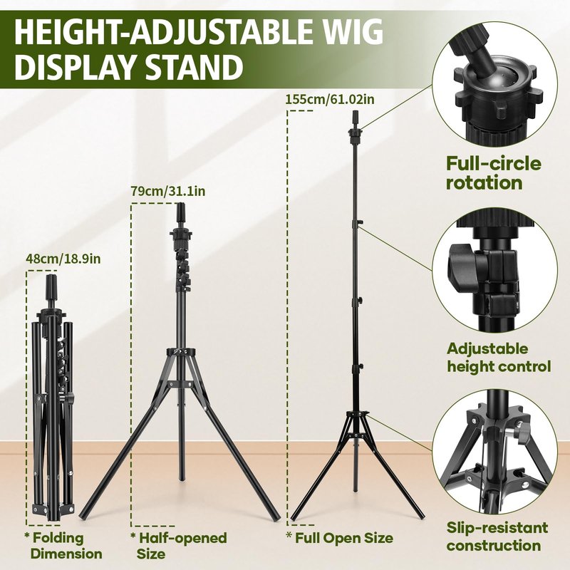 Wig Stand Tripod Metal Adjustable Mannequin Head Stand - Mannequin Wig Head with Mount Hole, Manikin Head for Wigs Making, Drying, Styling and Display - Wigs Shampoo & Milk Spray T Pins Hair Cap Set