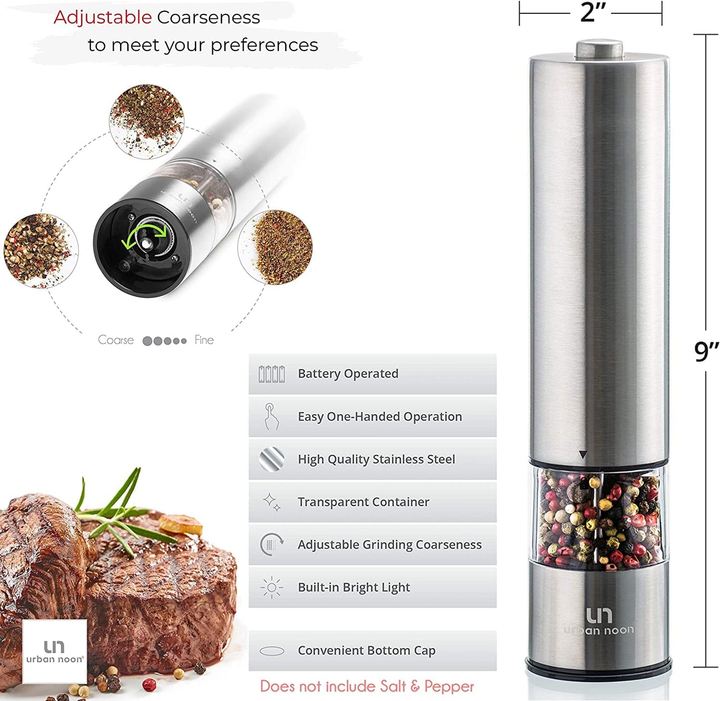 Urban Noon Electric Salt and Pepper Grinder Set (2 Mills, 8.1" Tall) - One-Handed Push-Button Mills with LED Light, Adjustable Ceramic Coarseness, Gift-Ready Box, 1-Year Warranty - Stainless Steel