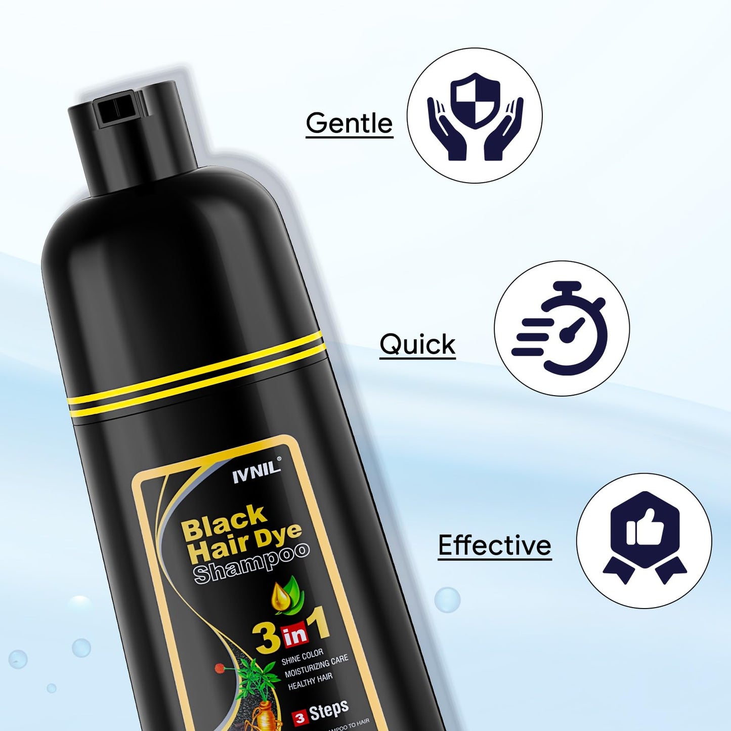 Ivnil Black Hair Dye Shampoo 3 in 1 Hair Color Shampoo for Women & Men for Gray Hair Coverage, shampoo para pintar el cabello