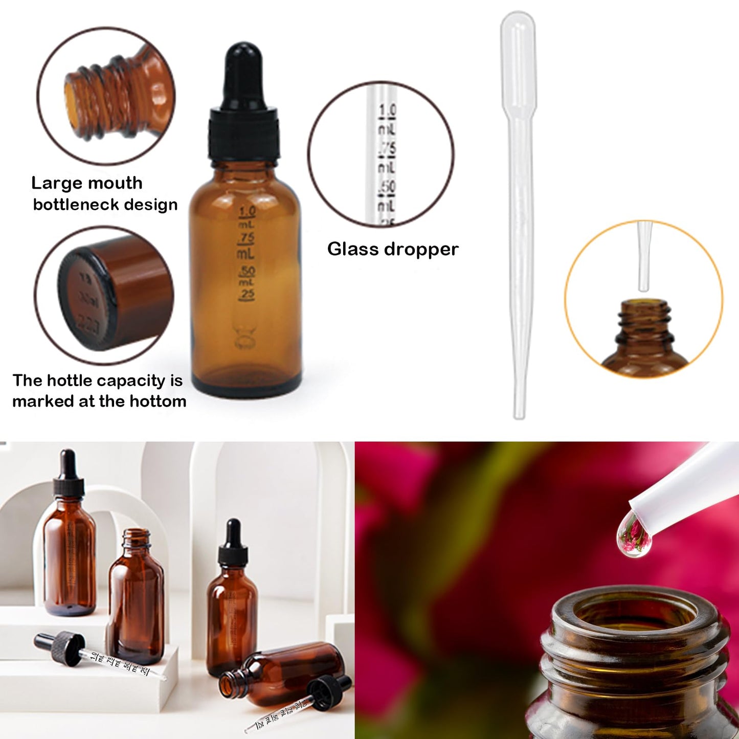 Z-synka 20 Pack,2 Oz Amber Glass Dropper Bottle With Measured Dropper Essential Oil Tincture Bottles,Funnels, Labels,60ml Brown Glass Dispenser Bottle for Oils,Serum,Liquid Medicine Travel Container