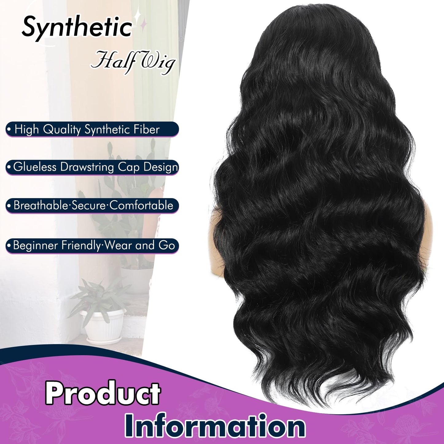 DEYNGS Synthetic Half Wig, Long Water Wave 3 In 1 Black Half Wigs For Black Women, Seamless Flip Over Glueless Beginner Friendly Deep Wavy Curly Wigs Drawstring Headband Wig for Daily Use