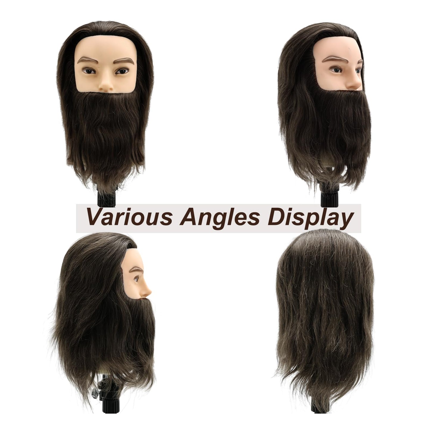 Yekavo Male Mannequin Head, Barber Mannequin Head Male 100% Human Hair With Beard, Professional Training Head with Real Hair for Practicing Hair Cutting & Styling, Black