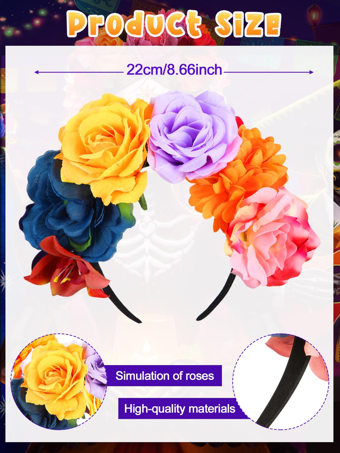 Zeyune Mexican Flower Headband Fiesta Rose Flower Crown Costume Mexican Headpiece for Women Party Cosplay Halloween(Bright Color,8 Pcs)