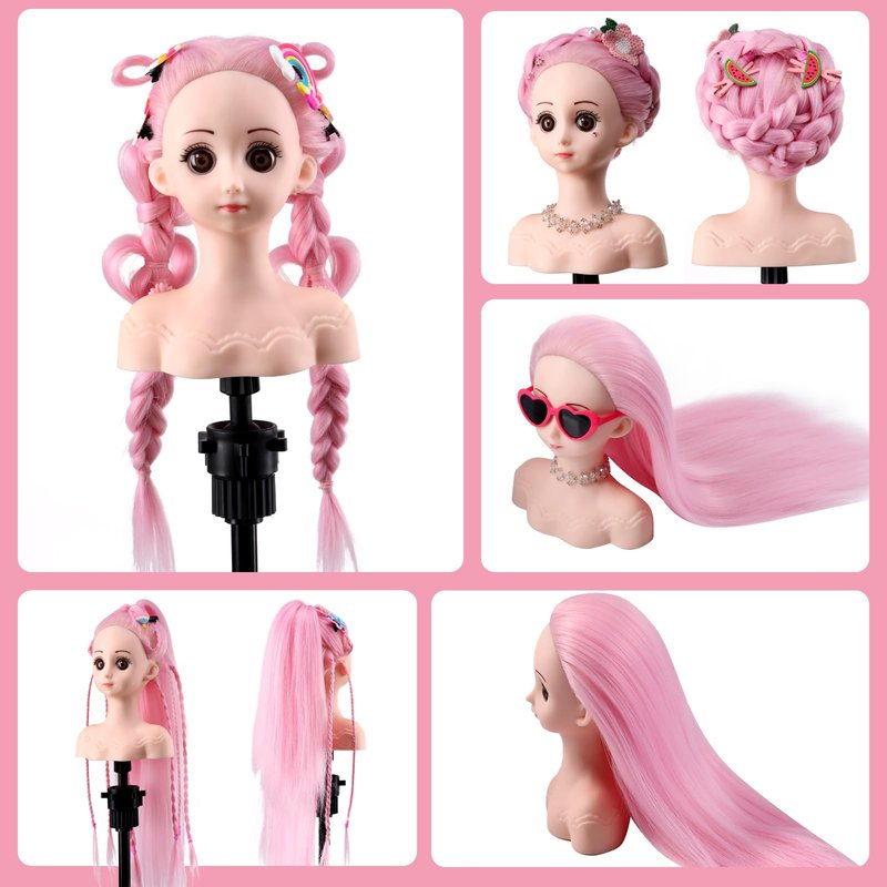 Anstar Mannequin Head with Hair, Doll Head for Hair Styling Training Head Manikin Practice Cosmetology Styling Hairdressing Training Braiding Heads with Clamp Holder (Pink)
