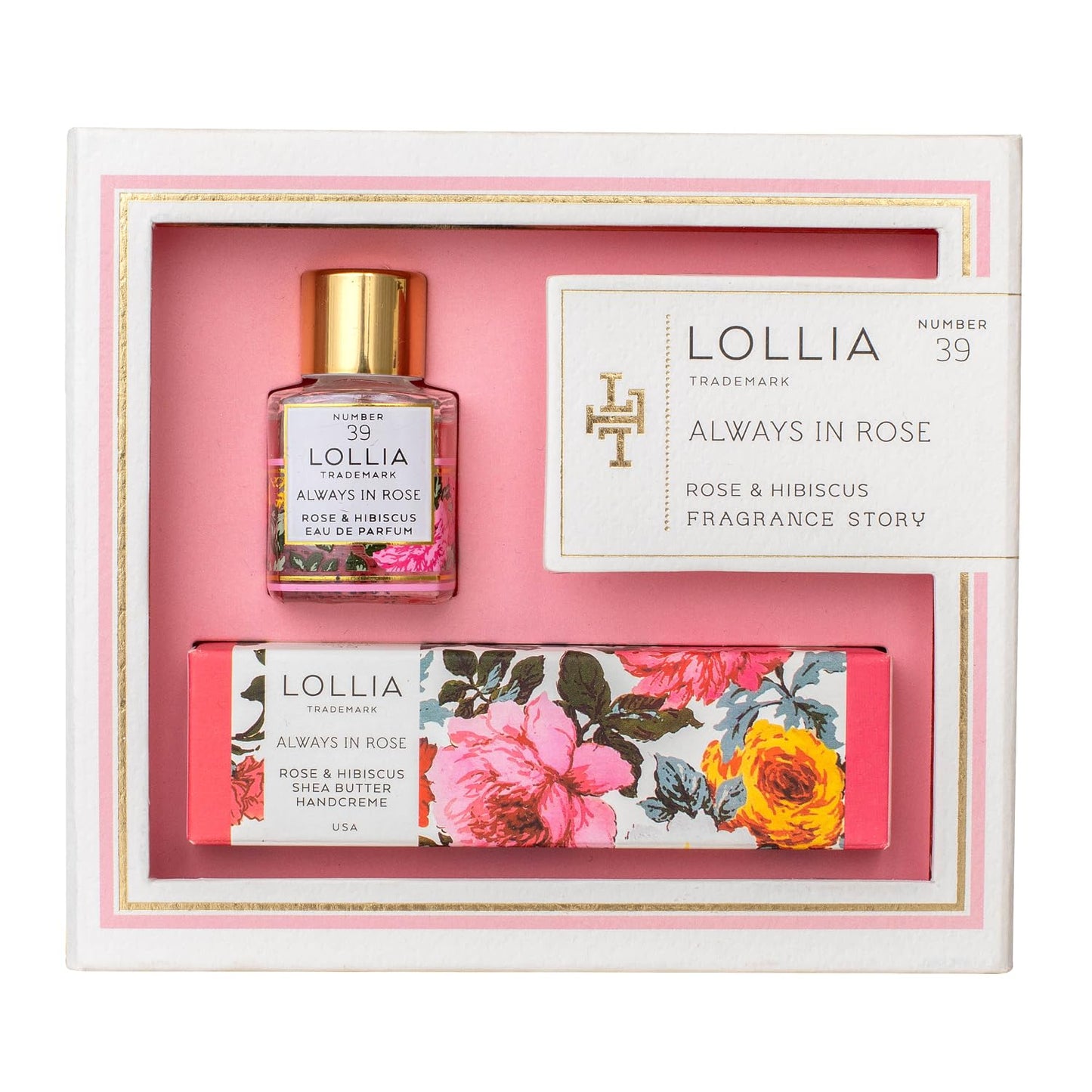 LOLLIA Always in Rose Fragrance Story Gift Set – .16 fl. oz. Eau de Parfum & .33 oz. Petite Treat Handcreme – Rose & Hibiscus – Hand Cream for Women, Travel Size Perfume, Hand Lotion for Dry Hands