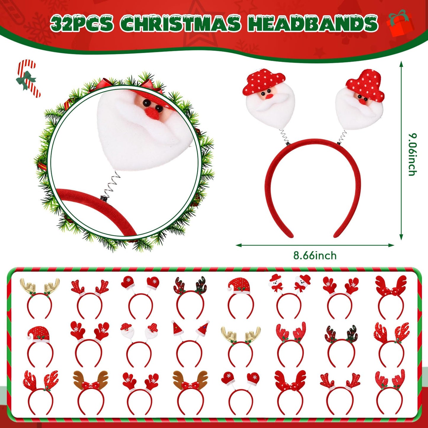 Giegxin 64 Pcs Christmas Glasses Frame and Headbands Set with 32 Cute Party Headband and 32 Funny Eyewear Xmas Hair Headwear for Christmas Xmas Holiday Party Favors