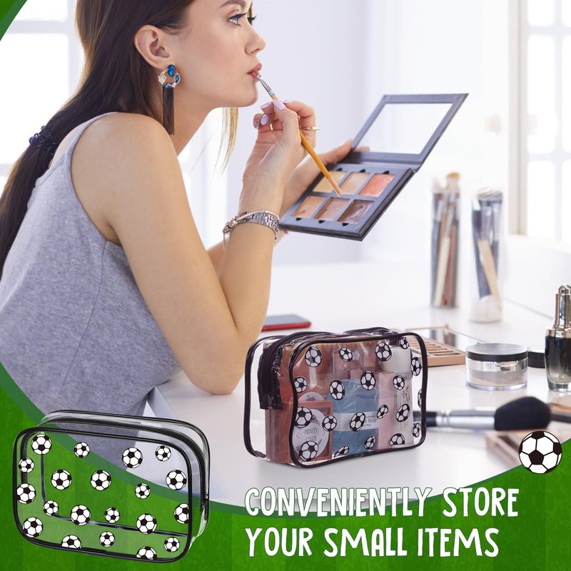 Kacctyen 12 Pcs Soccer Clear Makeup Bag with Zipper Bulk Sport Goodie Clear PVC Pouch Organizer Waterproof Travel Case for Woman Team Gifts Birthday Decorations Supplies