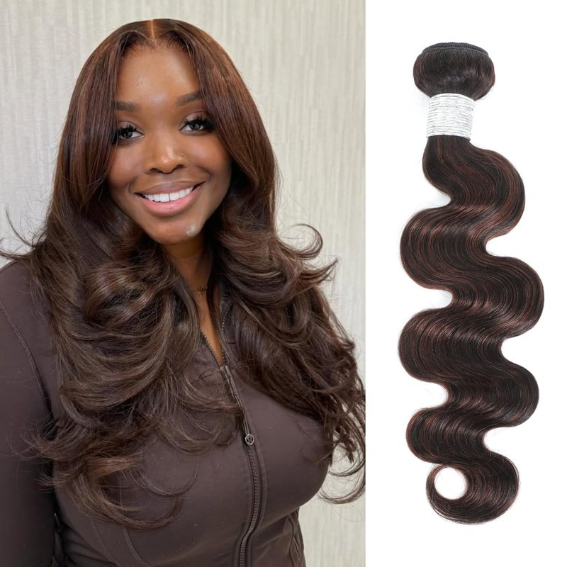 AUROO 12A Brown Body Wave Bundles Human Hair, 100% Virgin Brazilian Real Hair Wavy Weave Color #F2/4 Rich Dark Brown with Chestnut Ombre Highlights Human Hair Single Bundles Thick Track Sew in 14 Inch