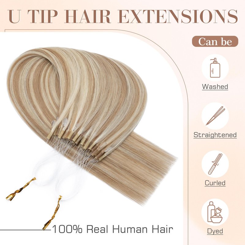 S-noilite Micro Link U Tip Hair Extensions Human Hair Golden Brown Highlight Bleach Blonde K Tips Hair Extensions Human Hair Keratin U Tip Hair Extensions Straight 16 Inch 50 Strands 50g