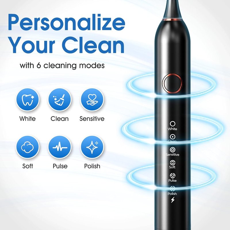 Sonic Electric Toothbrush for Adults & Teens - 8 Brush Heads, IPX7 Waterproof, 6 Modes | Black