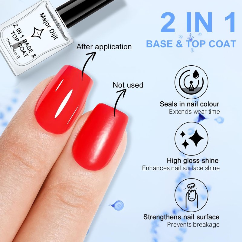 Major Dijit Clear Base & Top Coat 2-in-1 Nail Polish – Quick Dry, Long-Lasting, High Gloss Protective Formula – 0.5 Fl Oz
