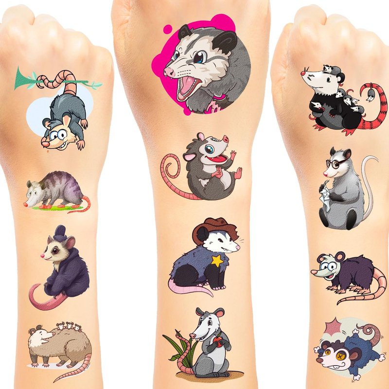 16 Sheets Possum Temporary Tattoos, Fun Opossum Stickers for Kids, Party Favors, Birthday Decorations, Classroom Rewards