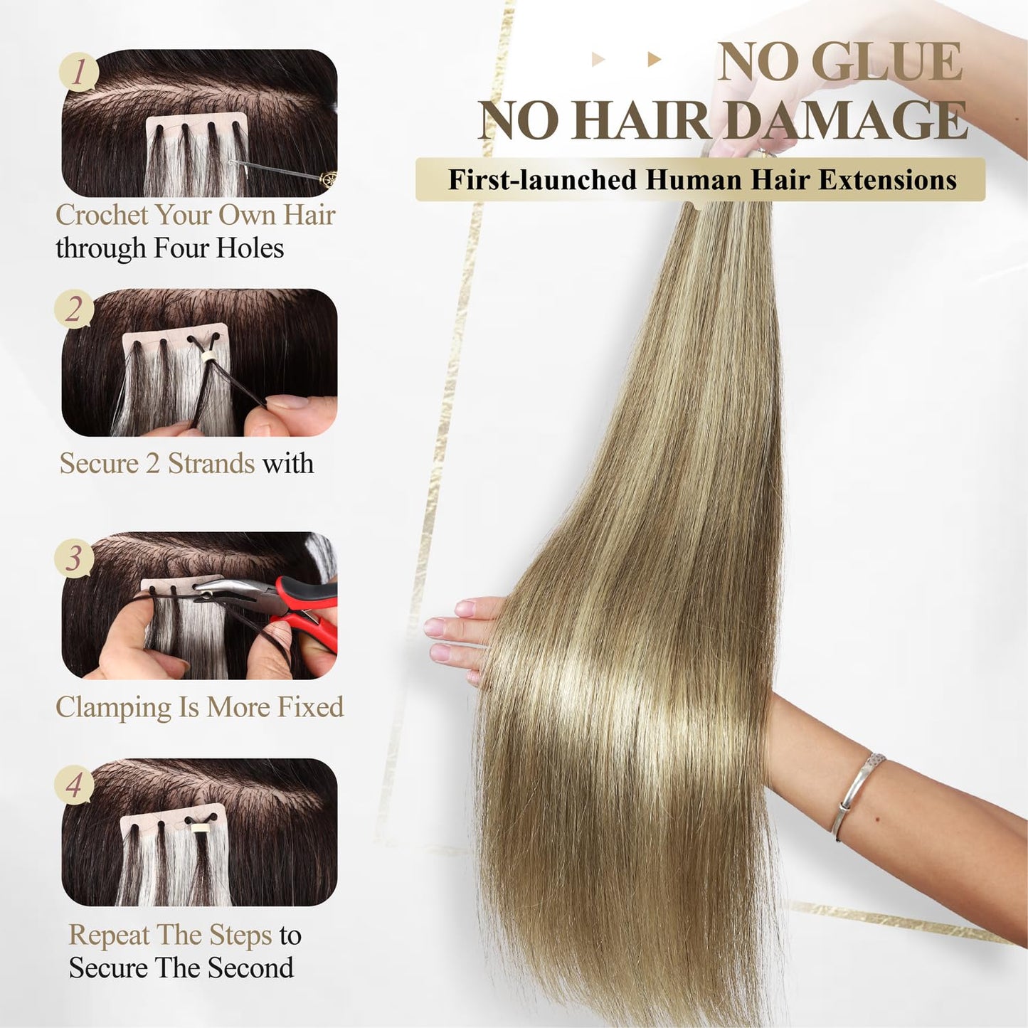 WIGER No Glue Highlighted Honey Blonde Micro Bead Hair Extensions Ombre Ash Blonde PU Insert Skin Weft Remy Human Hair Extensions Seamless Balayage Invisible Hair Extensions (50g, 20 Pcs)