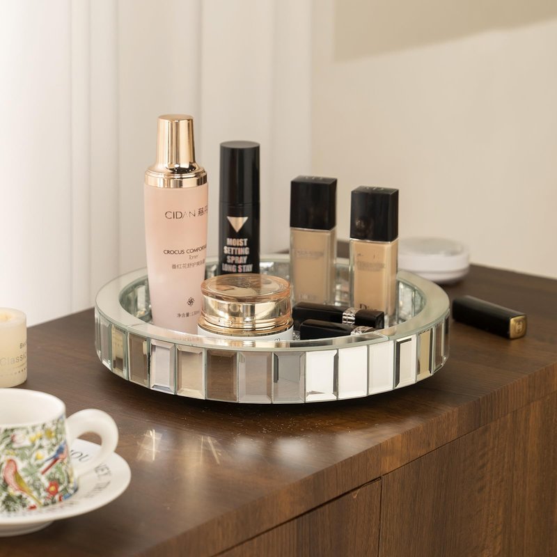 12in Round Rotating Organizer Tray,Silver Mirror Glass Coffee Table Tray,Table Centerpieces Decorative Trays for Home Decor,Living Room, Modern Decorative Trays, Centerpiece Trays