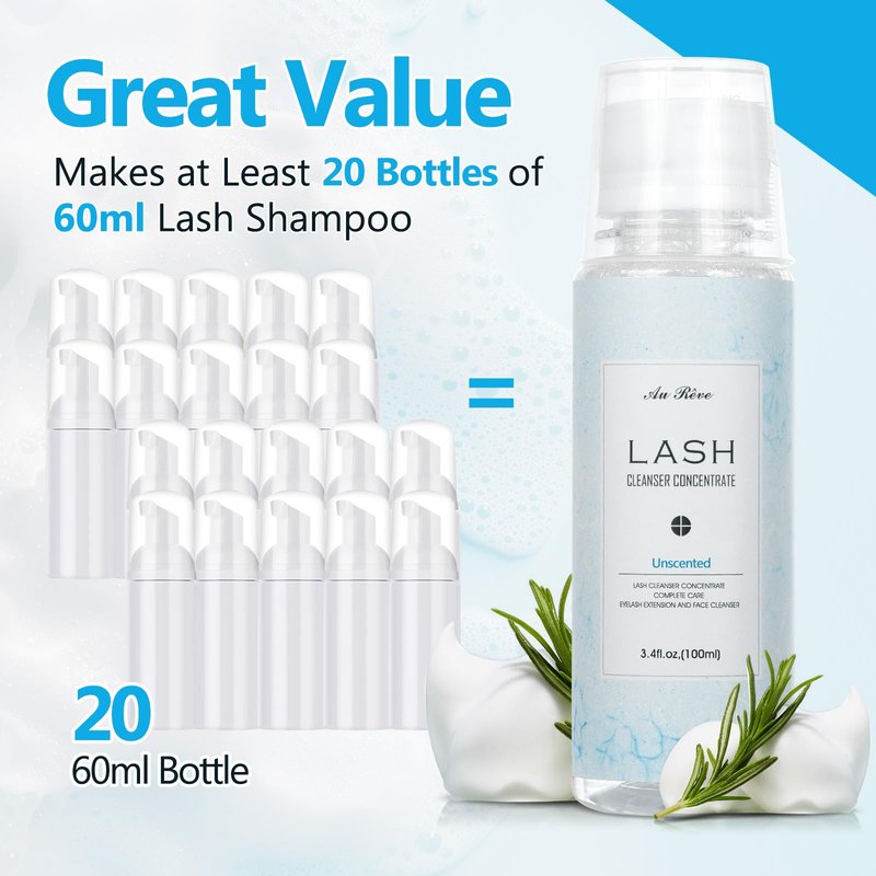 AuReve Lash Shampoo Concentrate 100ml Lash Extension Cleanser Oil-Free Eyelash Extension Shampoo with Salon Home Care -Makes 20 Bottles 60ml Lash Shampoo,Unscented