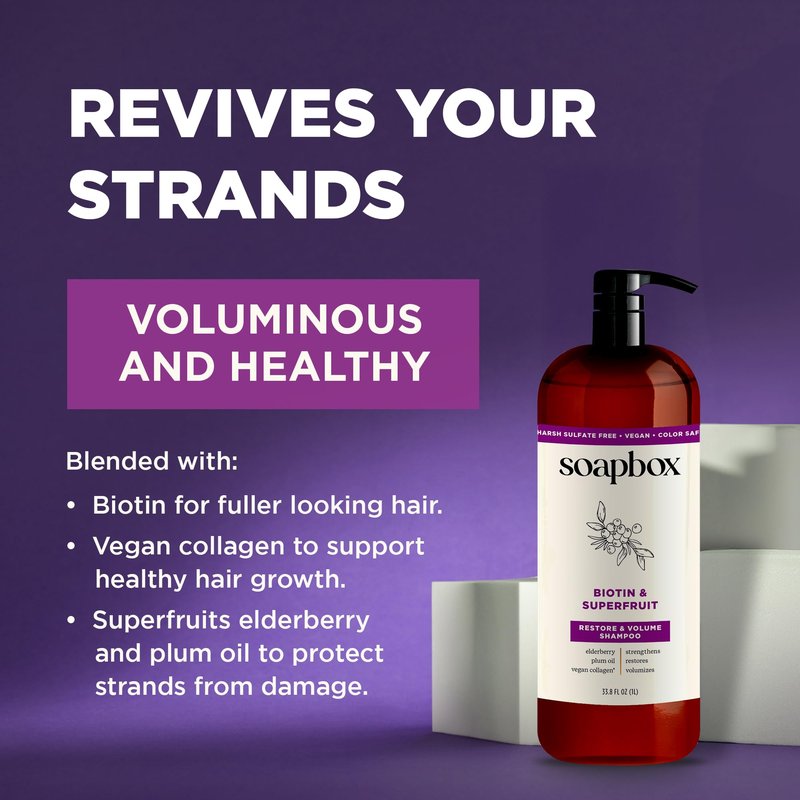 Soapbox Biotin & Super Fruit Shampoo & Conditioner Set, Leaves Hair Volumized & Strengthened - Clean Ingredients Free of Harsh Chemicals, Sulfates, Parabens & Silicones - 1 Liter Each