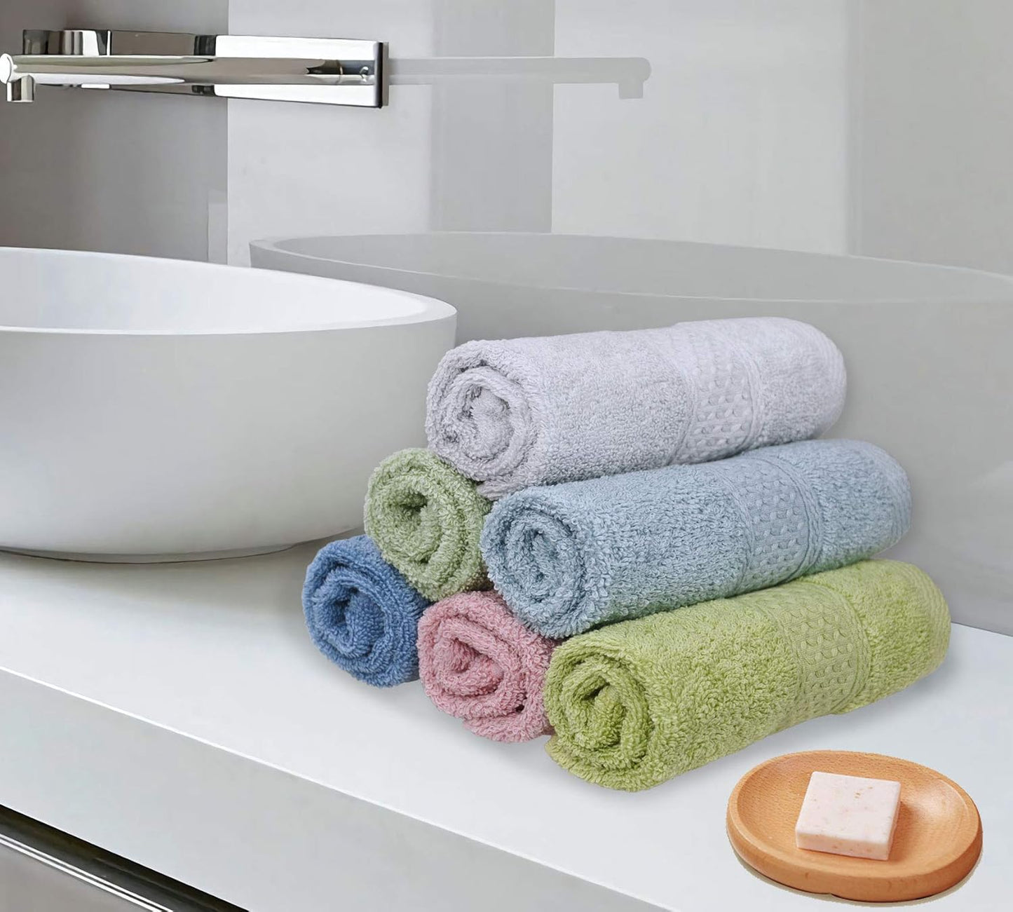 Cotton Hand Towels and Wash Cloths Set - Assorted Colors | 6 Towels & 6 Washcloths