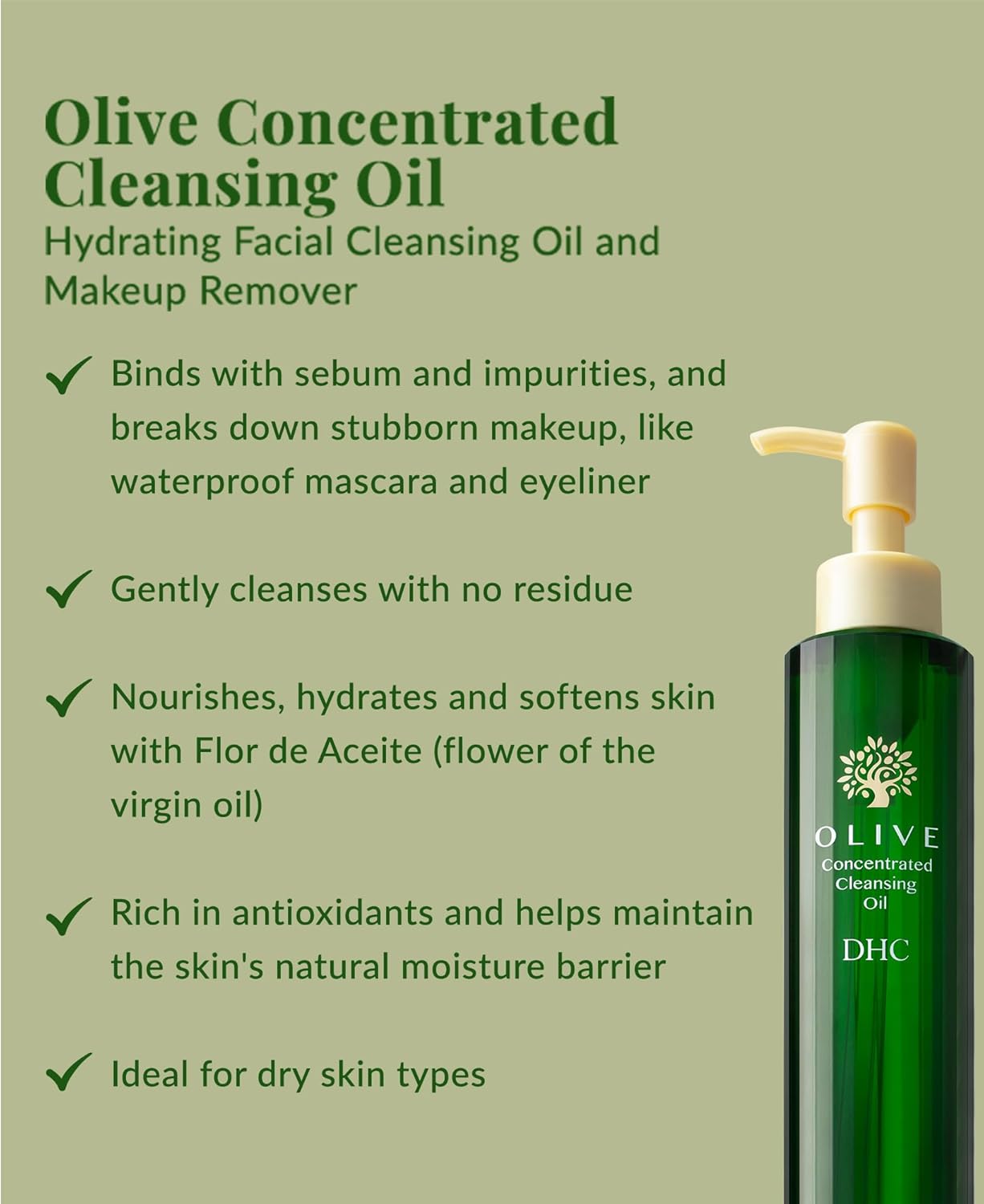 DHC Olive Concentrated Cleansing Oil - Hydrating Makeup Remover for Dry Skin | 5 fl. oz.